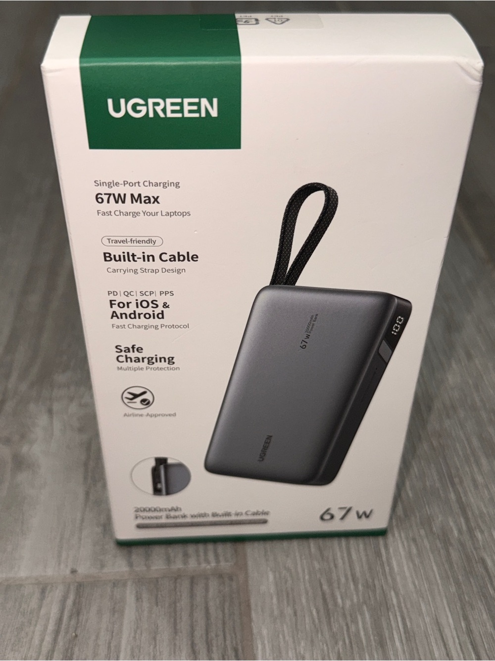 UGREEN 20,000mAh 67W Power Bank Built-In USB-C Cable New Sealed